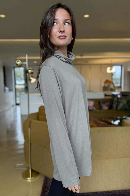 Essential Fine Jersey Polo Neck Top Mocha